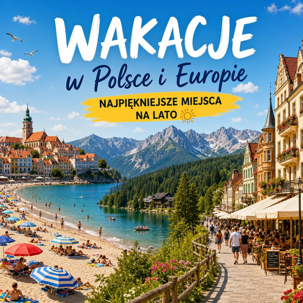 Malowniczy krajobraz letnich destynacji wakacyjnych, z plażą, jeziorem i górami, idealny na wakacyjne wypady.