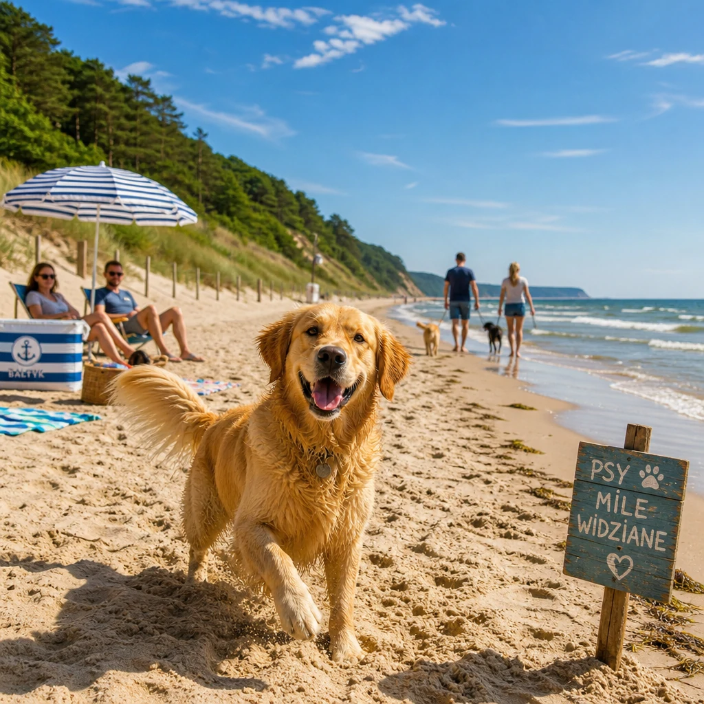 Pies rasy Golden Retriever bawiący się na plaży, w tle dorośli odpoczywający i spacerujący z psami, w słonecznym otoczeniu nadmorskim w Polsce.