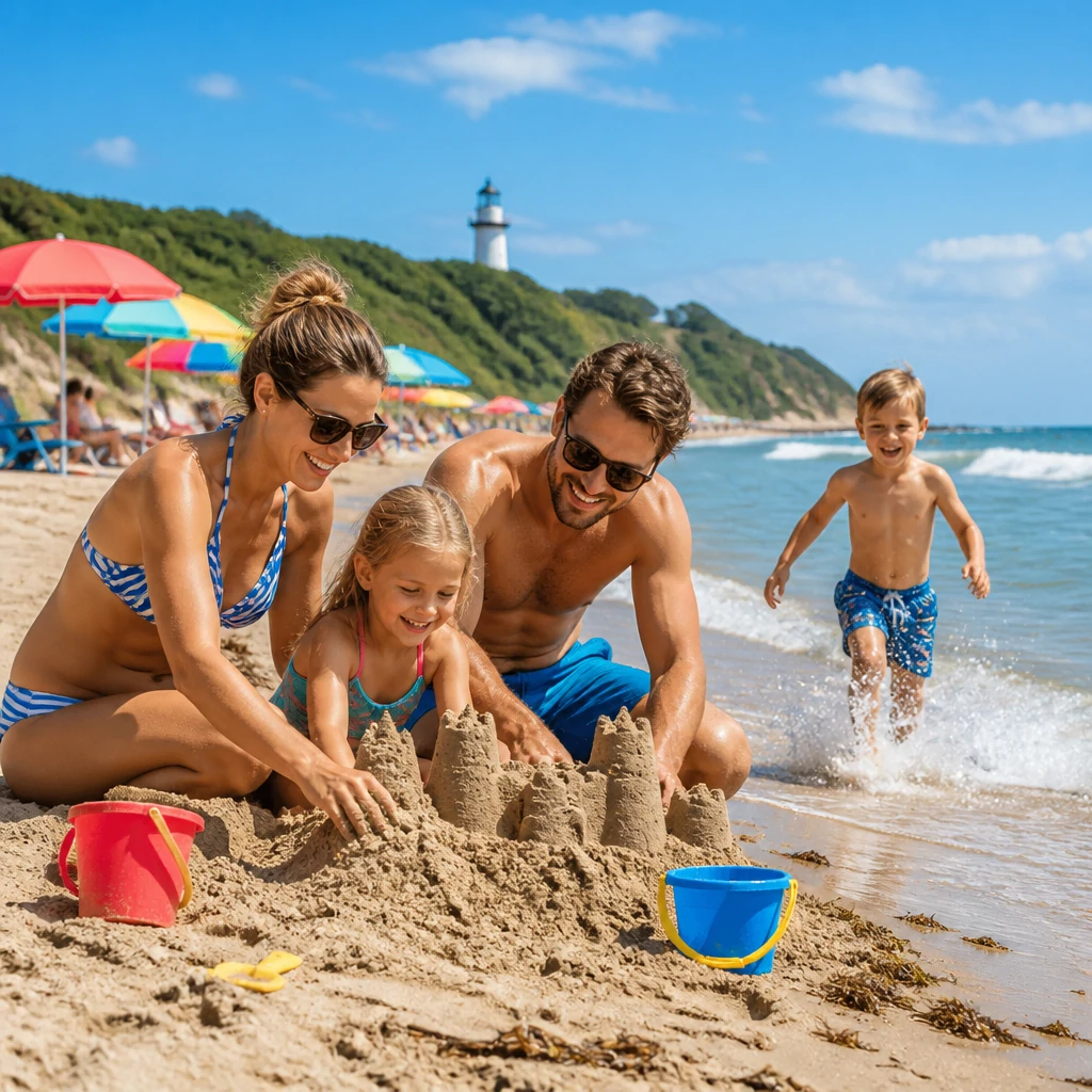 Rodzina spędzająca czas na plaży nad Bałtykiem, budująca zamki z piasku i bawiąca się w wodzie. W tle kolorowe parasole plażowe i błękitne niebo, co tworzy radosną atmosferę wakacyjną.