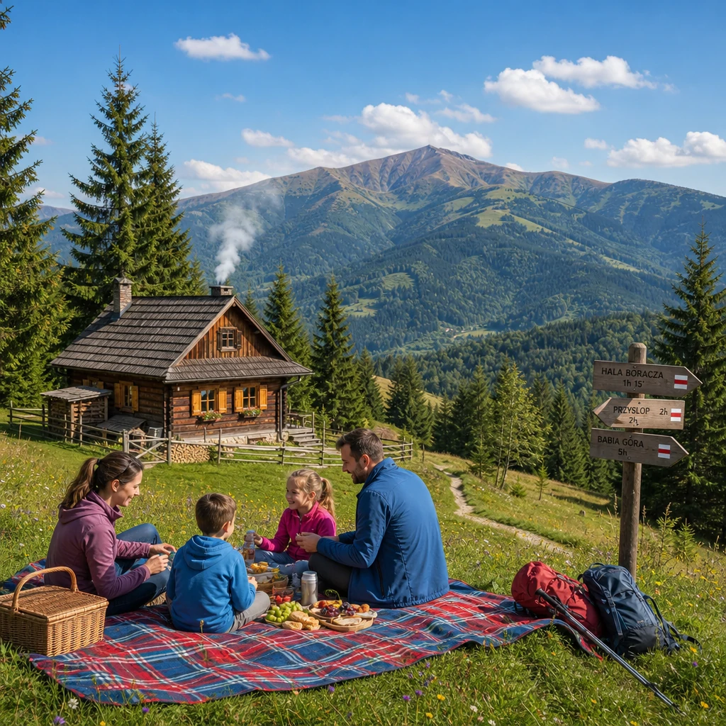 Rodzinny piknik przed drewnianym domkiem w Beskidach, otoczonym górami i zielenią.