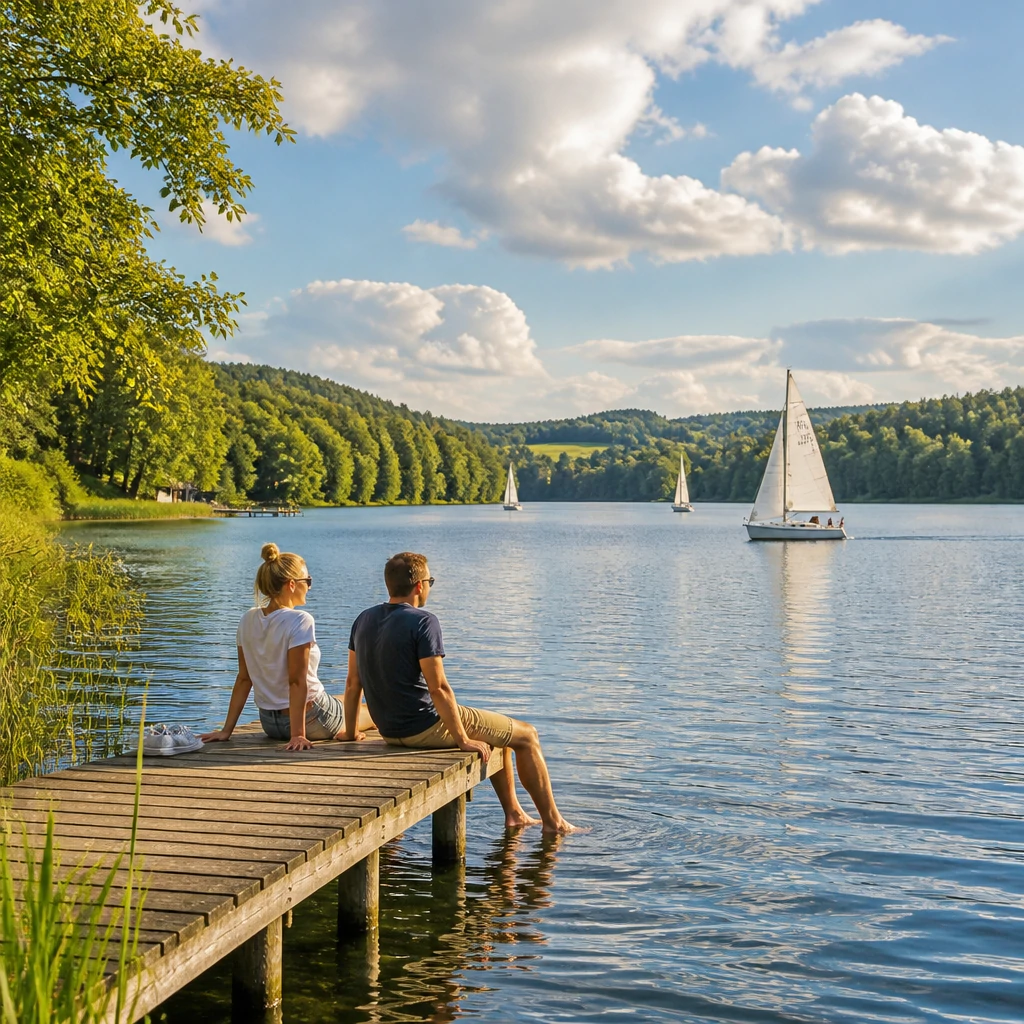 Sceniczny widok na spokojne jezioro na Mazurach, z drewnianym pomostem i dorosłymi relaksującymi się w promieniach słońca.