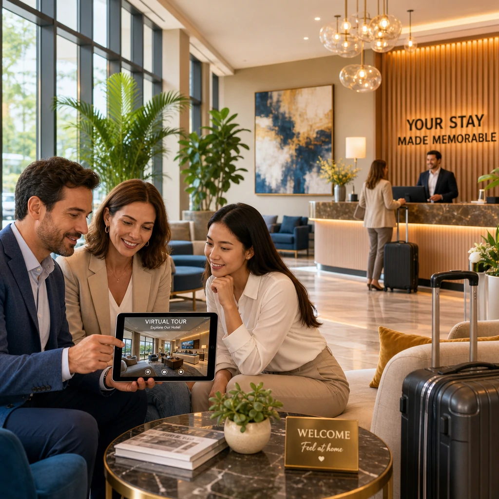 Stylowy lobby hotelowy z recepcją, wygodnymi miejscami do siedzenia i gośćmi przeglądającymi wirtualny spacer na tablecie.