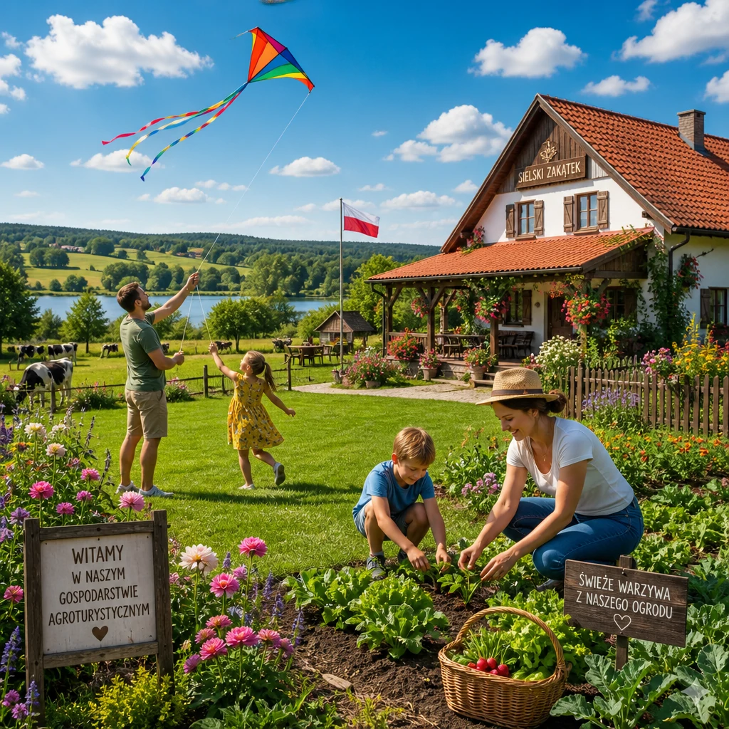 Urokliwa agroturystyka w Polsce z rodziną spędzającą czas na świeżym powietrzu, wśród zielonych pól i kolorowych kwiatów.