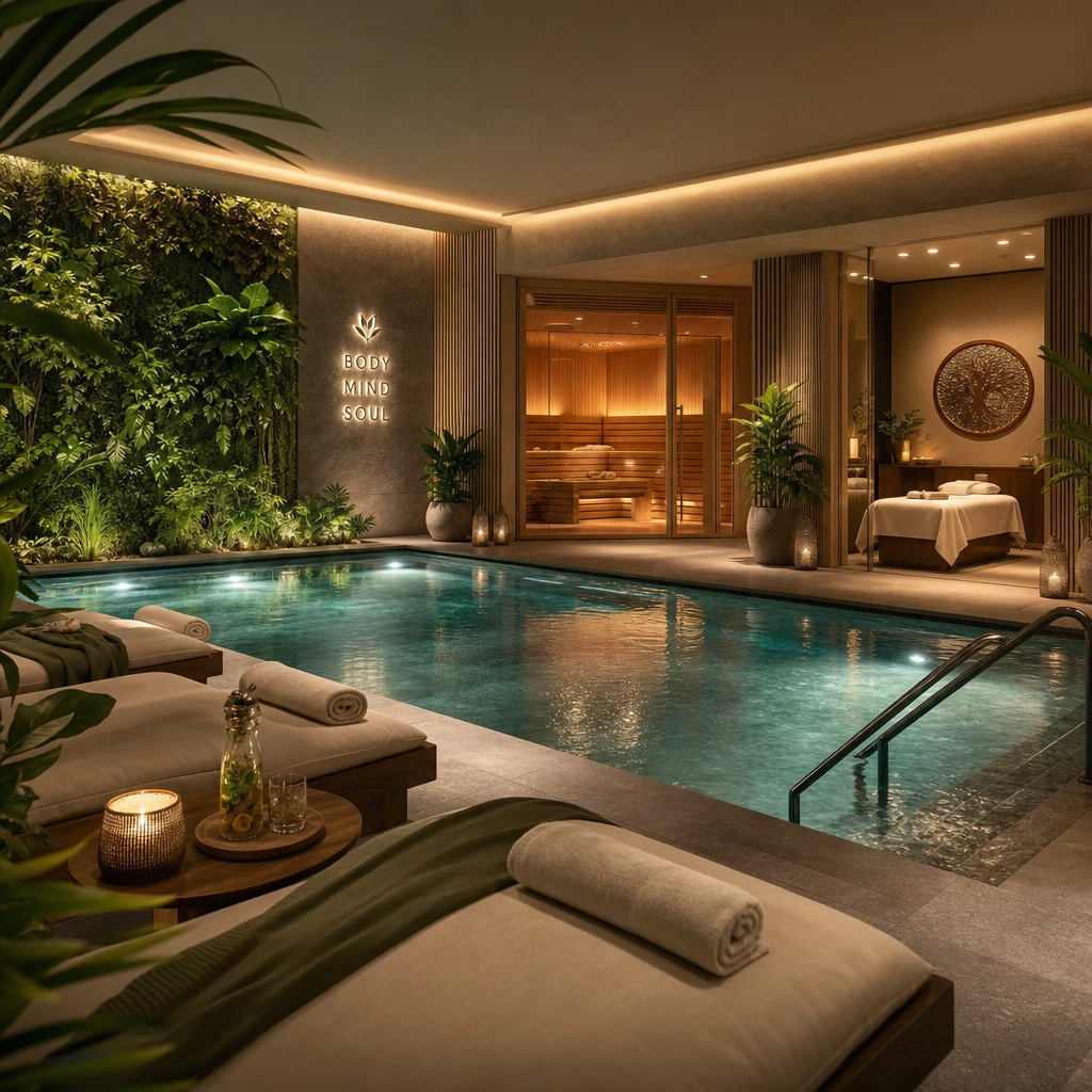 Widok na spokojną strefę wellness z luksusowym spa, w tym basenem wewnętrznym i strefą sauny, otoczoną zielenią. Atmosfera relaksu i regeneracji podczas podróży.