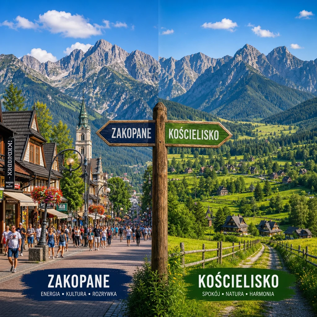 Widok na Tatry przedstawiający Zakopane z tętniącymi życiem ulicami oraz Kościelisko z malowniczymi, spokojnymi krajobrazami górskimi.