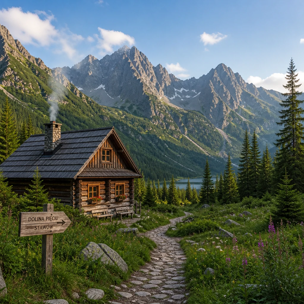 Widok na Tatry z malowniczym drewnianym domkiem w foreground, otoczonym zieleńmi i majestatycznymi górami. Scena odzwierciedla spokojne miejsca w górach, idealne na weekendowy wypoczynek z dala od tłumów.