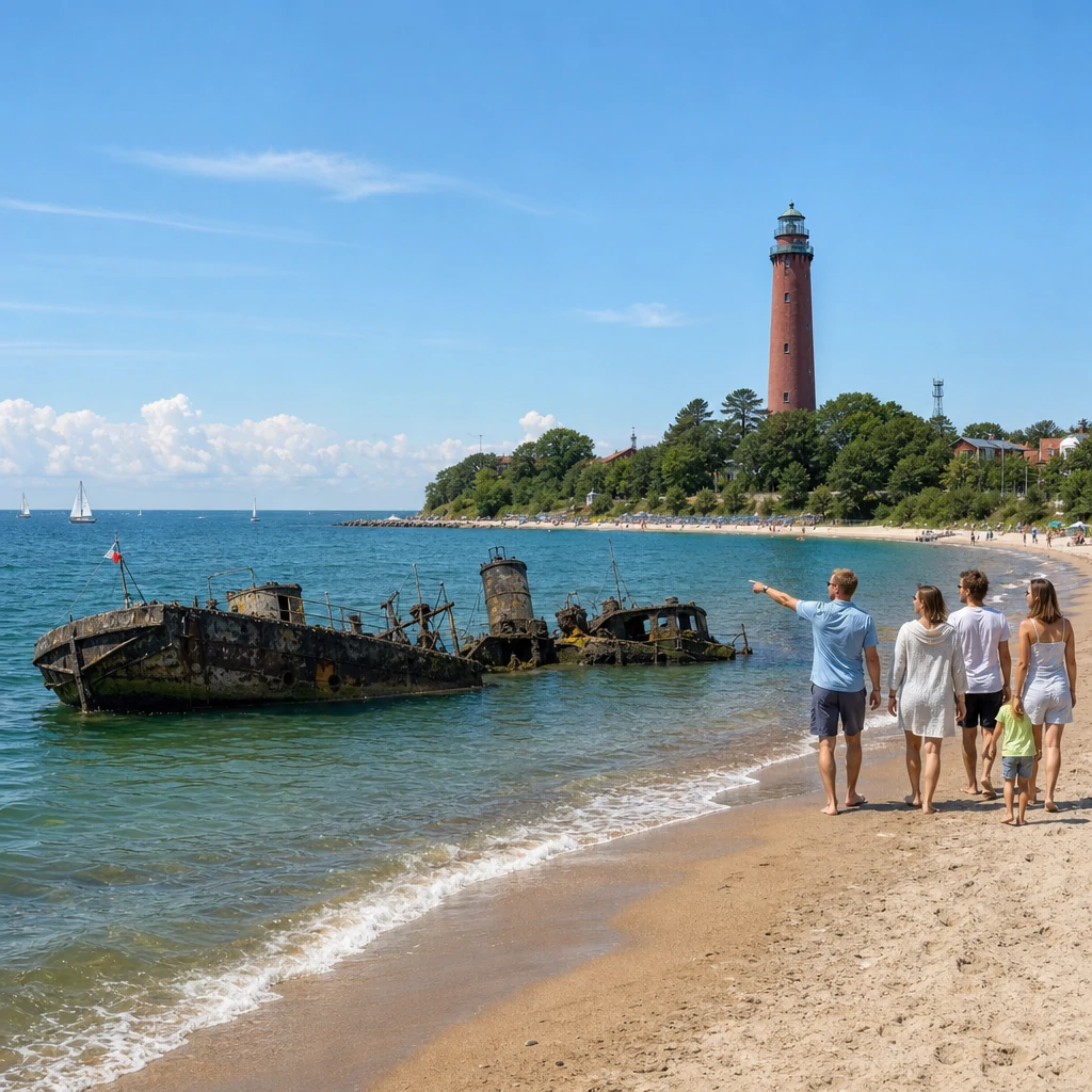 Widok Półwyspu Helskiego z wrakiem ORP Wicher przy plaży oraz latarnią morską w tle, z rodziną spacerującą po plaży.